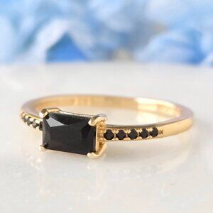 Dainty Gold Ring with Black Gemstone, 925 Sterling Silver, 10k Gold Finish